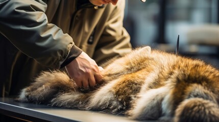 Fur care expert in workshop showing specialized maintenance for fur garments