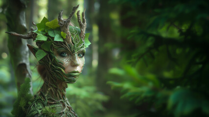 Forest Keeper, Nature Spirit, Leshy. Mythological creature with Bark and Leaves on Its Face.  Banner for Earth Day