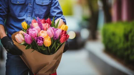 Bouquet delivery vibrant colors and surprise anticipation emphasized