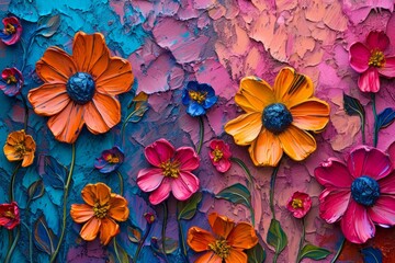 A vibrant texture of acrylic paint flowers in a rich, expressive pattern