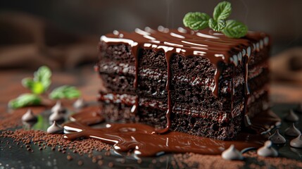 Decadent chocolate cake slice with velvety ganache drizzle and fresh mint garnish for gourmet indulgence