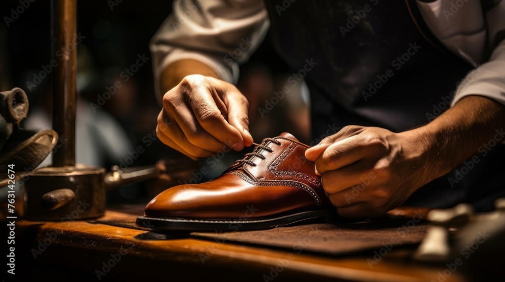 Poster Detailed leather molding on shoe last shoemaker stresses fit and comfort