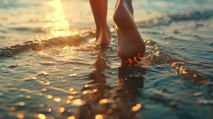 Woman Walking Barefoot on Sandy Beach - obrazy, fototapety, plakaty