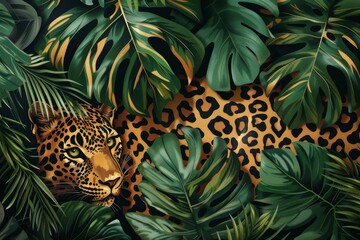 An artistic representation of a leopard roaming through the lush greenery of the jungle in this...