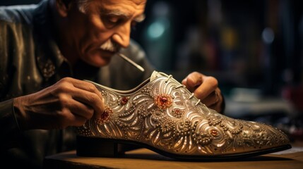 Shoemaker creates high-fashion footwear highlighting luxury and extravagance - obrazy, fototapety, plakaty