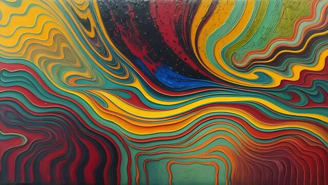 Abstract layered backdrop with visible brushstrokes with sinuous, wavelike patterns flowing across the canvas, with a rich variety of hues texture and depth, creating three-dimensional effect