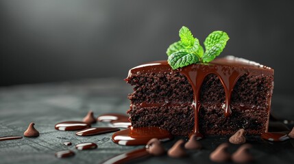 Decadent chocolate cake slice with velvety ganache drizzle and fresh mint garnish for gourmet indulgence - obrazy, fototapety, plakaty