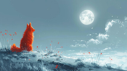 In a minimalistic cosmic scene, a cute red dog sitting alone gracefully under the moon, embodying serene charm. - obrazy, fototapety, plakaty