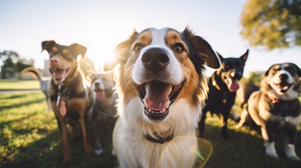 Dog trainer handles socialization session active canines in dog park