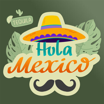 Mexican hat icon logo design Hola Mexico lettering
