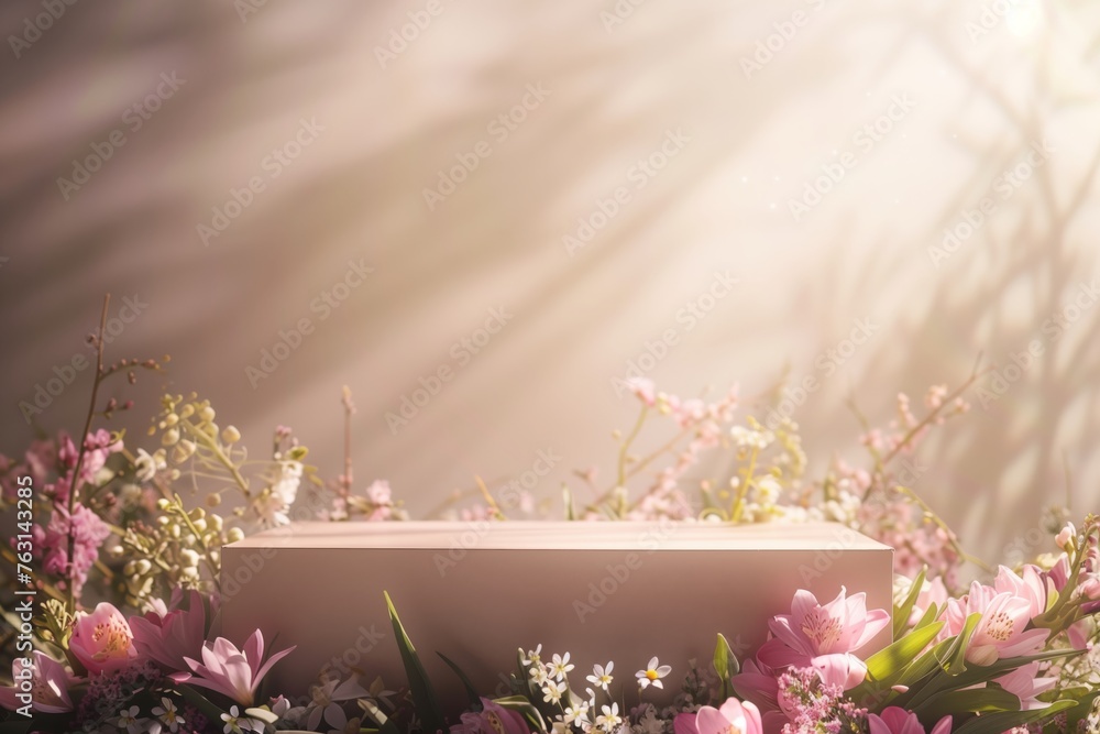 Poster geometric empty podium wooden platform stand for product presentation and spring flowering tree bran