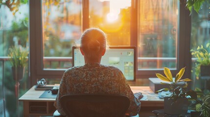 Senior Woman Working from Home: Rear View at Sunset - obrazy, fototapety, plakaty