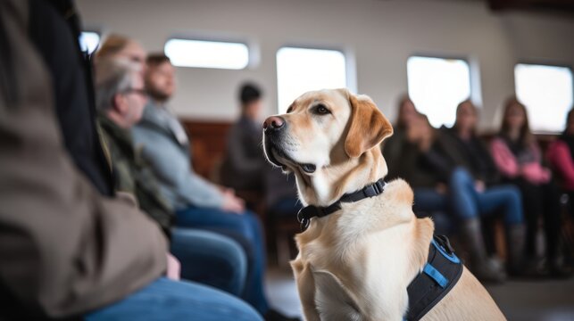 Trainer teaches Labrador in service dog training specialized equipment used