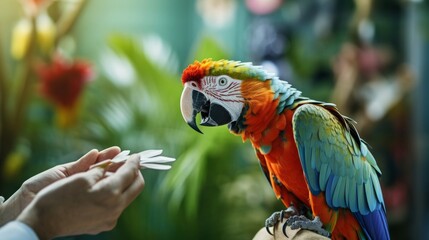 Rainforest vet checks colorful parrot lush foliage and vibrant surroundings