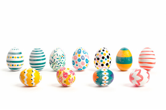 A row of colorful pastel Easter eggs, each uniquely painted with different texture on a white background