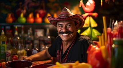 Vibrant cantina scene bartender prepares spicy margarita festive decorations - Powered by Adobe