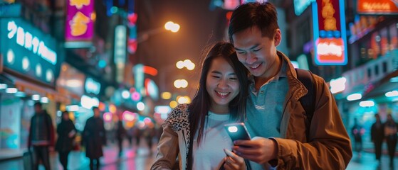 Asian Newlyweds Enjoying Night Out: Romantic Stroll & Travel Planning - obrazy, fototapety, plakaty
