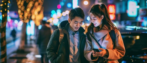 Fototapeta na wymiar Asian Newlyweds Enjoying Night Out: Romantic Stroll & Travel Planning