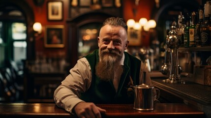 Irish pub barman layers Irish coffee cozy ambiance with rich wood and fireplace