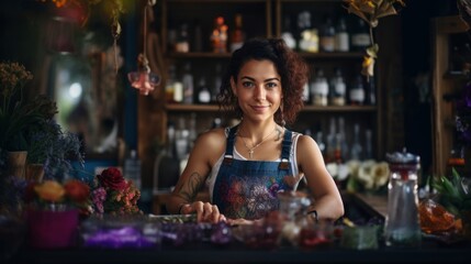 Lavender-infused cocktail by female barman bohemian bar with vibrant tapestries