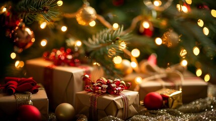 Fototapeta na wymiar Christmas Gifts Under Glowing Tree: Festive Joy Unwrapped