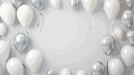 White and silver balloons with ribbons on white background. Vector illustration.