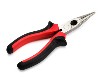 Long needle nose pliers with plastic handle on white background.