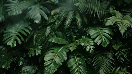 Fototapeta na wymiar Lush Tropical Greenery - Monstera and Ferns Background