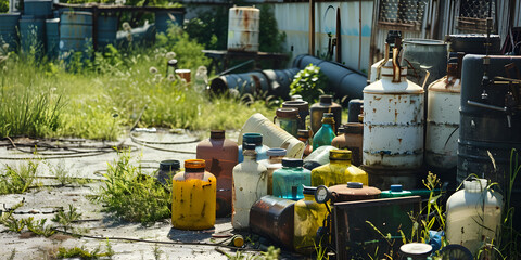 Fototapeta na wymiar pile of kitchen gas cylinders An abandoned suburban area with a pile of garbage, like a garbage dump.