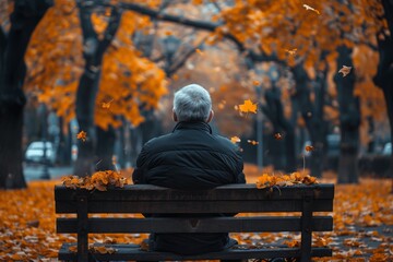 An elderly individual sits in serene contemplation on a park bench, surrounded by the striking orange foliage of the fall season