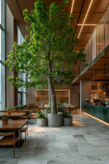 Indoor tree in a modern restaurant setting. A large tree grows in the center of a spacious restaurant with modern wooden designs and furniture