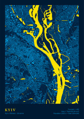City Kyiv Ukraine Vector Poster Highly Detailed Map In Patriotic National Yellow Blue Flag Colors. City Transport System Cartography Includes Map Features Buildings Roads And Water Objects - 763145802