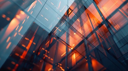 Modern glass architecture featuring reflective surfaces with dynamic orange hues - obrazy, fototapety, plakaty