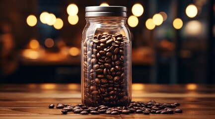 a glass jar filled with coffee beans - obrazy, fototapety, plakaty