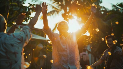LGBTQ Friends Celebrating with Carefree Dancing in Sunset Garden Party - obrazy, fototapety, plakaty