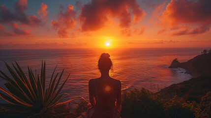 Photo taken from behind of a woman watching the sunset. Panoramic landscapes photography