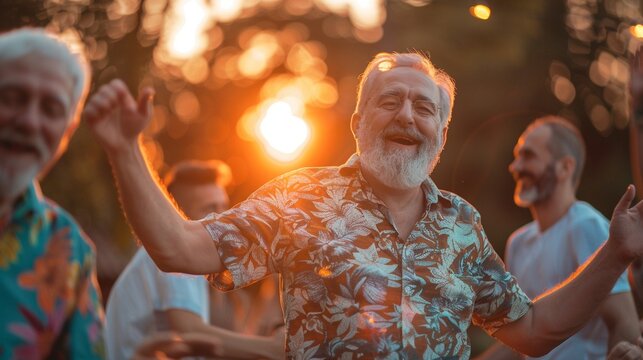 LGBTQ Friends Celebrating with Carefree Dancing in Sunset Garden Party
