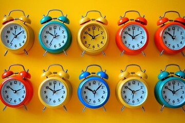 Colorful Clocks Displayed in a Row on Vibrant Yellow Walls Creating a Modern and Eyecatching Timepiece Installation
