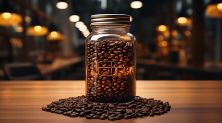 a jar of coffee beans on a table