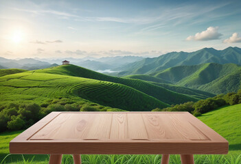 Empty wooden tabletop with green hills background for advertising and presentation