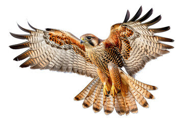 Majestic bird falcon of prey soaring with wings spread, cut out - stock png.