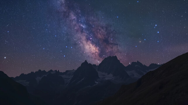 The Milky Way Galaxy Moving In Night Sky Over The Mountain Range On A Background. Landscapes photography