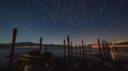 Poster Timelapse Of A Starry Night With Wooden Columns And Firth Water In The Foreground. Panoramic Landscapes photography © Furkan