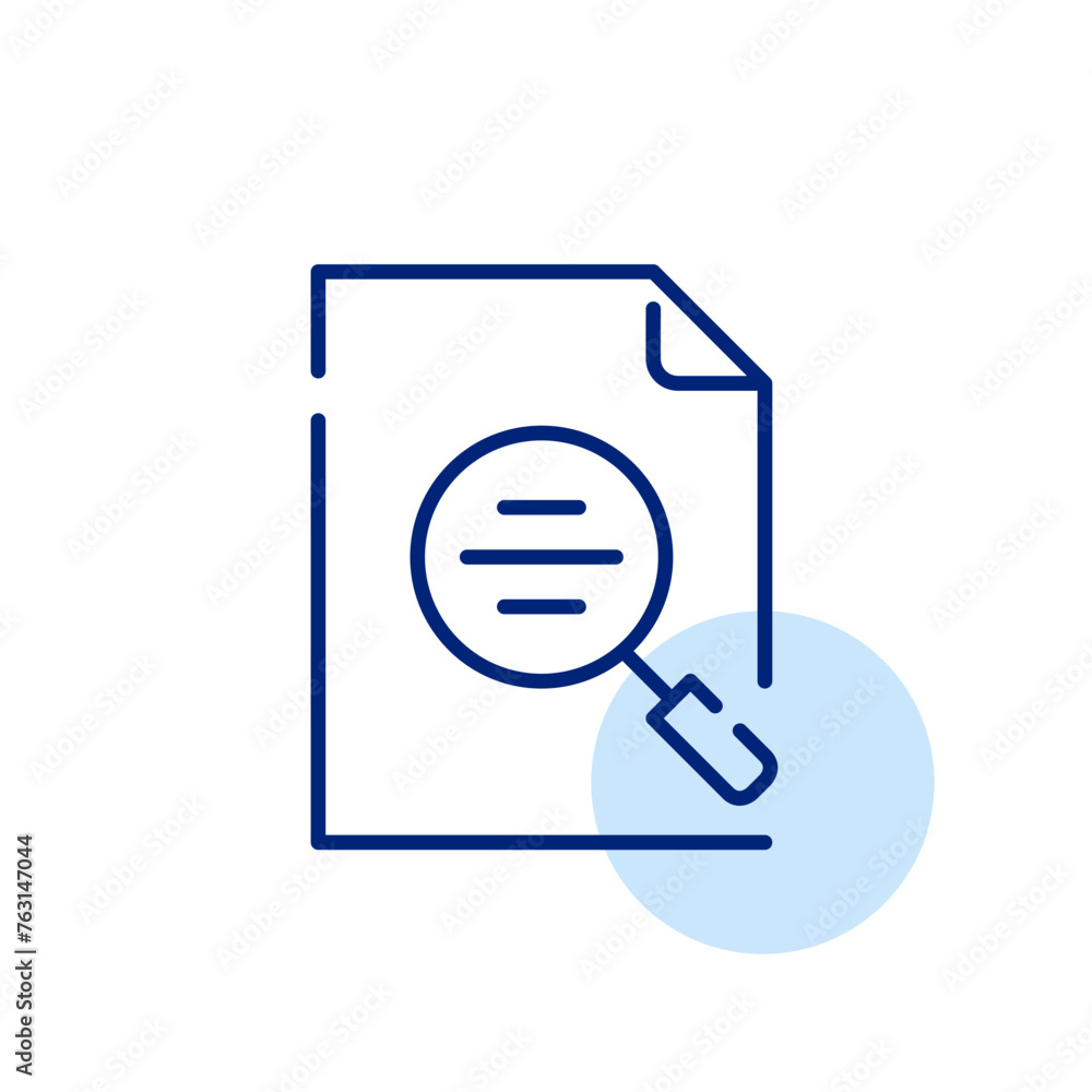 Aufkleber magnifying glass revealing text lines within a document symbol. discovery of content within text fil