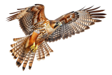 Majestic bird falcon of prey soaring with wings spread, cut out - stock png.