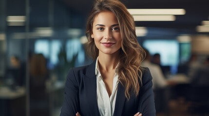 Portrait of a professional woman in a suit standing in a modern office. Young business woman looking at the camera in a workplace meeting area