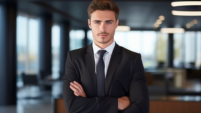 Portrait of a professional man in a suit standing in a modern office. Young business man looking at the camera in a workplace meeting area
