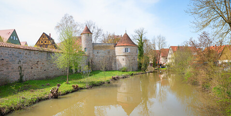 water moat around historical town Dinkelsbuhl with towers