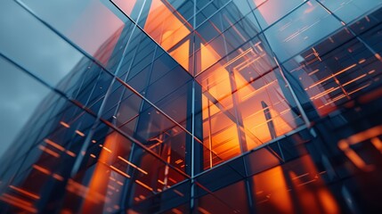 Modern glass architecture featuring reflective surfaces with dynamic orange hues - obrazy, fototapety, plakaty