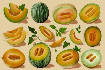 Collection of Various Fresh Melon Slices on Pastel Background Illustration, Summer Fruit Design Elements